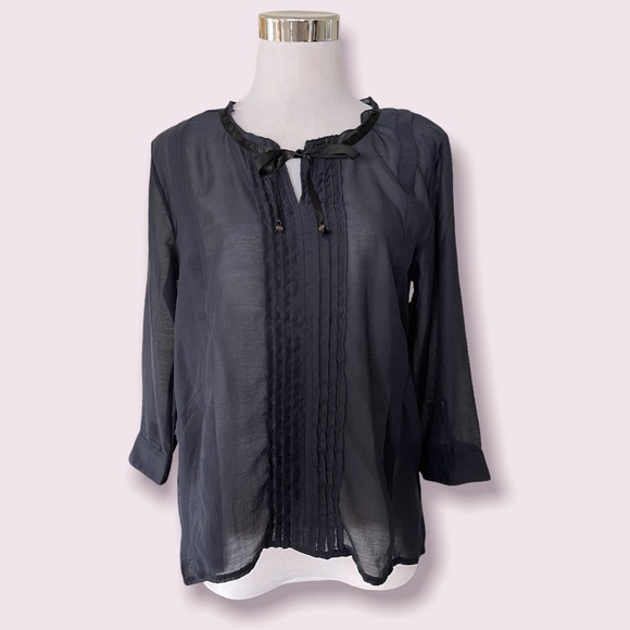 Nano Universe (Japan) Black Semi Sheer Tie Front Blouse - Picture 2 of 5